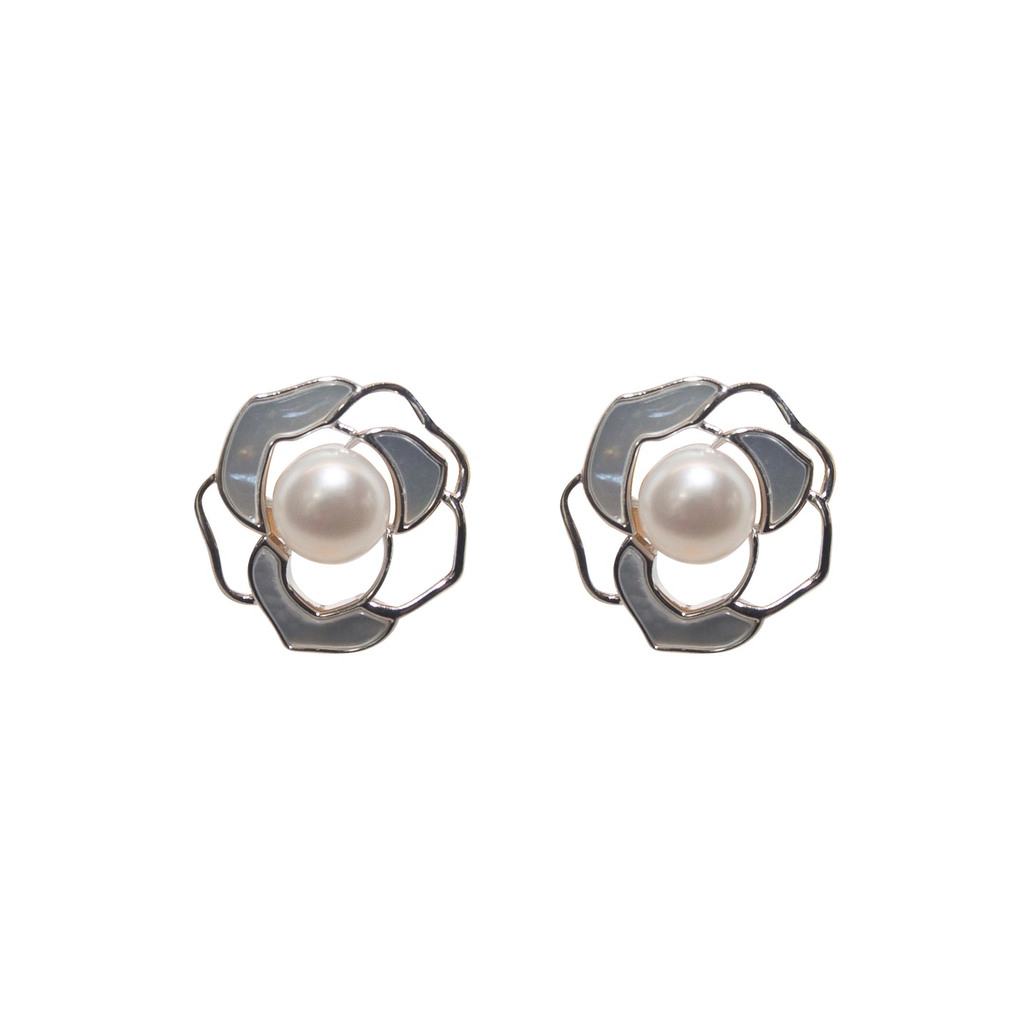 Silver Rosette Pearl Studs