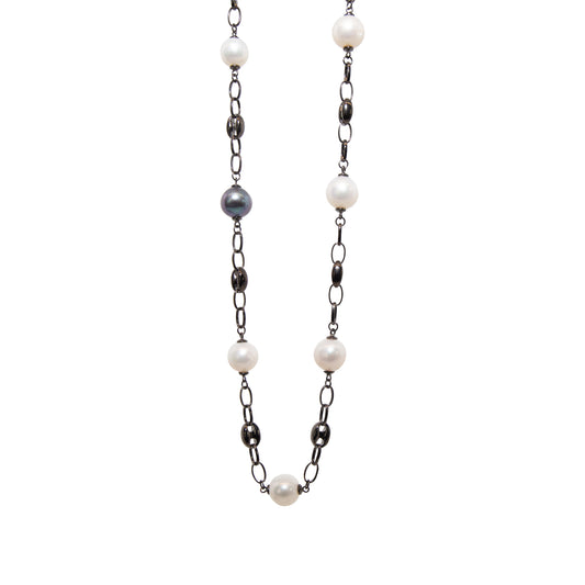 Rhodium & White Pearl Sterling Silver Necklace