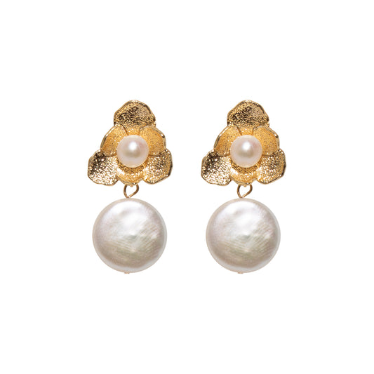 Gilded Blossom Coin Pearl Earrings