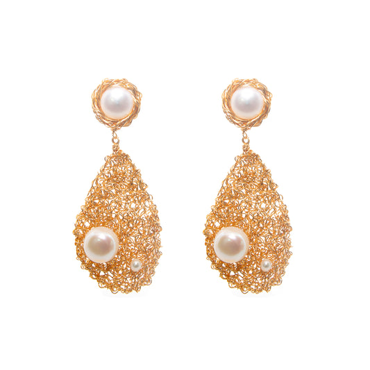 Gold Filigree Nest Pearl Earrings