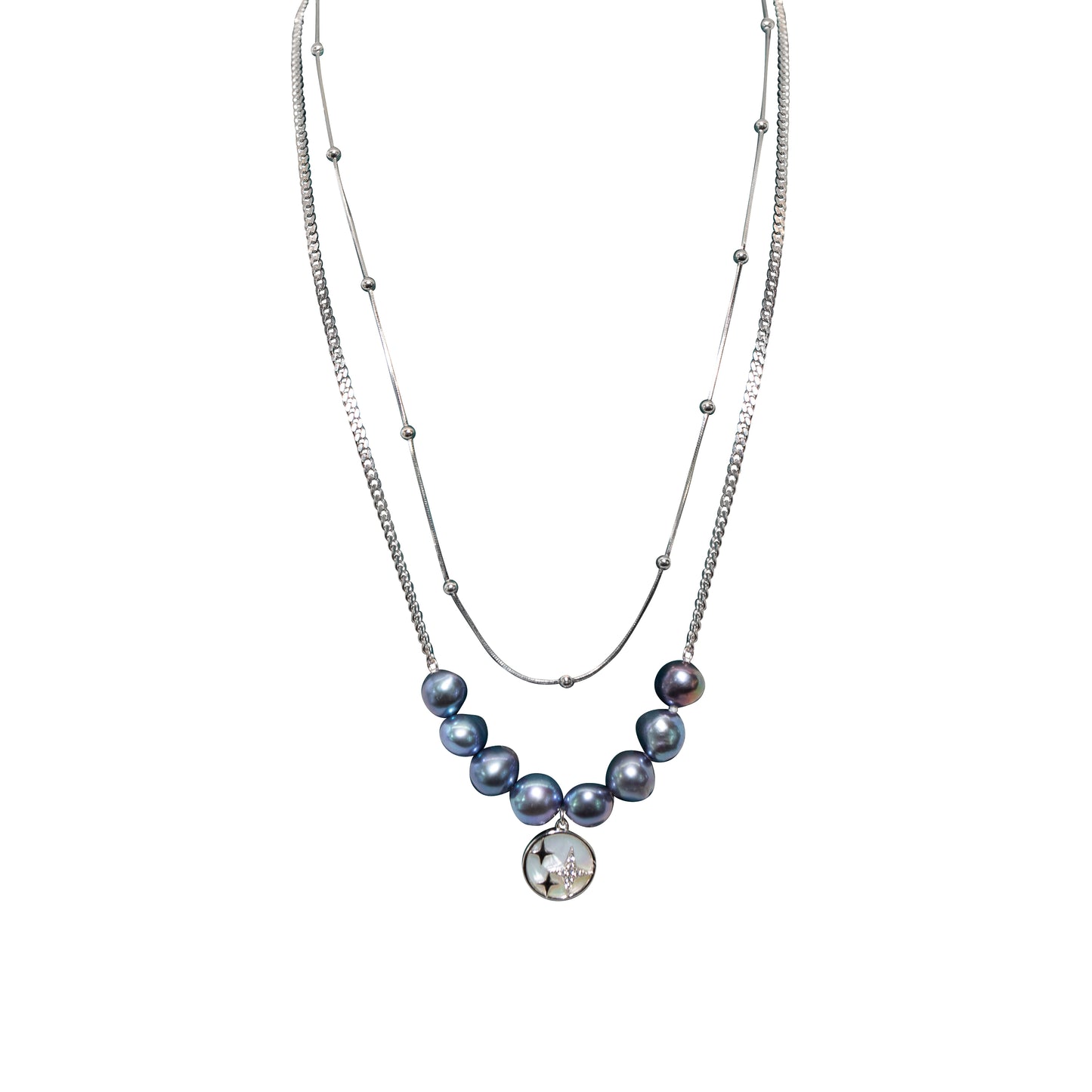 Moonlight Dual Cascade Silver Pearl Necklace